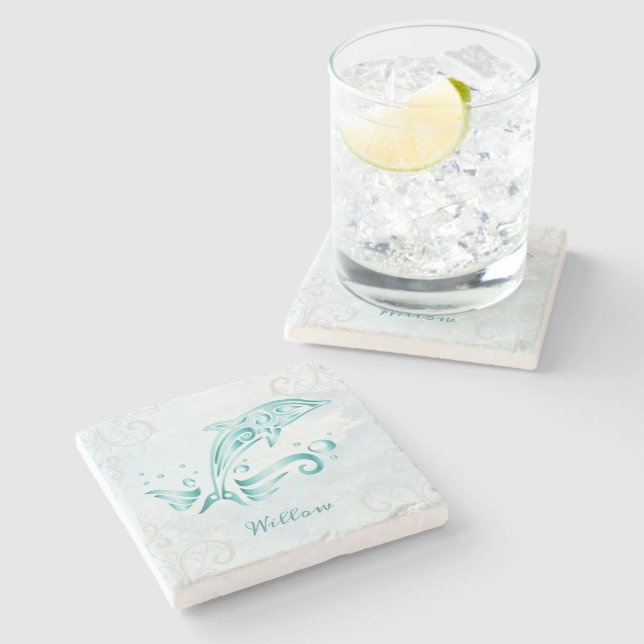 Aquamarine Dolphin Personalisiert Stone Untersetze Steinuntersetzer (Seitenansicht)