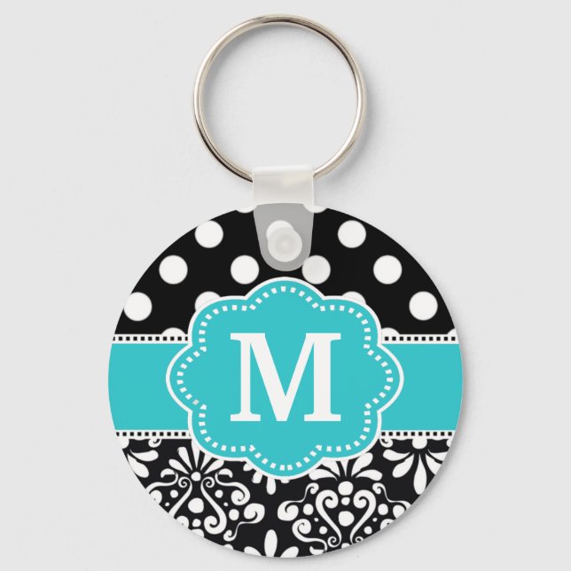 Aquamarine Dots Damask Monogramm-Schlüsselkette Schlüsselanhänger (Vorderseite)