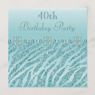 Aquamarine Druckjuwelen u. Zebra-Glitzer-40. Einladung