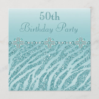 Aquamarine Druckjuwelen u. Zebra-Glitzer-50. Einladung