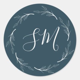 Aquamarine dunkelgrüne Leaf-Wreath-Monogramm-Hochz Runder Aufkleber
