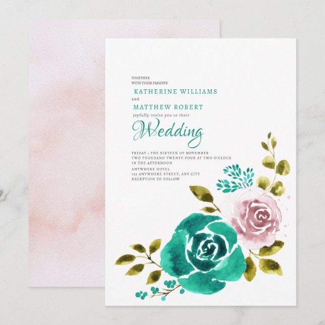 Aquamarine Dusty Rose Blush Blumenzehen Einladung (Vorne/Hinten)
