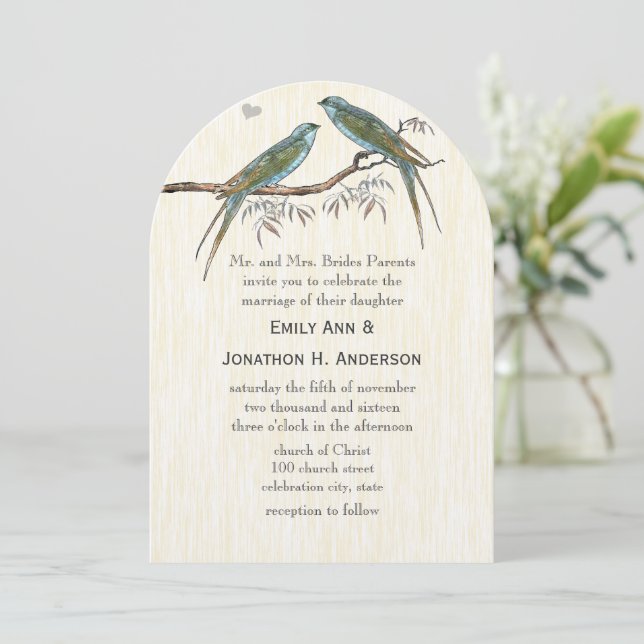 Aquamarine Einladungen zu Vintagen Vogelhochzeiten (Stehend Vorderseite)
