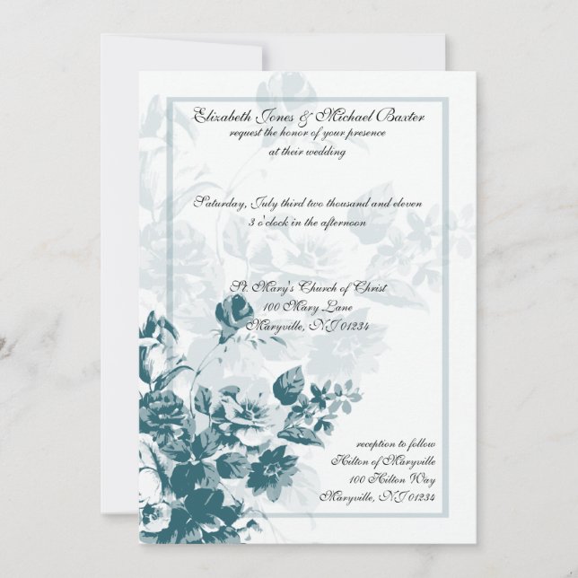 Aquamarine Elegante Blume Hochzeit Einladungen (Vorderseite)