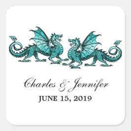 Aquamarine Elegante Dragons Hochzeitskleber Quadratischer Aufkleber
