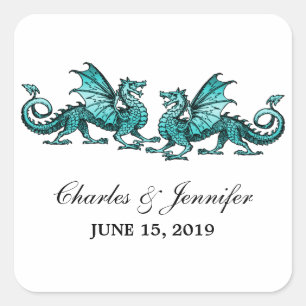 Aquamarine Elegante Dragons Hochzeitskleber Quadratischer Aufkleber