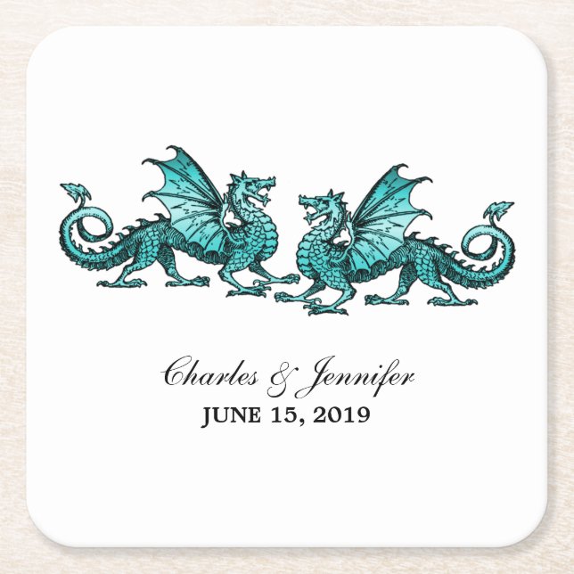 Aquamarine elegante Dragons Hochzeitspapier-Unters Rechteckiger Pappuntersetzer (Vorderseite)