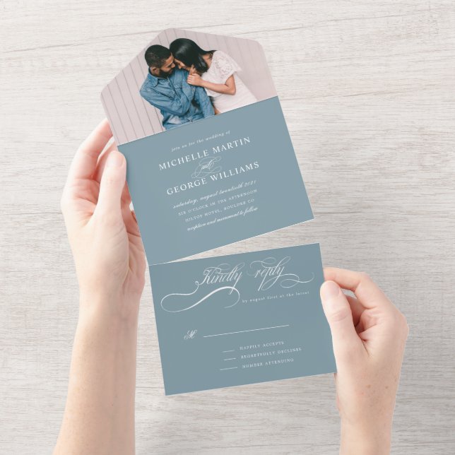 aquamarine elegante Kalligraphie All In One Einladung (Abreißen)