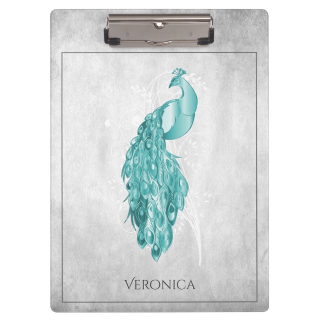 Aquamarine Elegante Pfauenklammer Klemmbrett (Vorderseite)