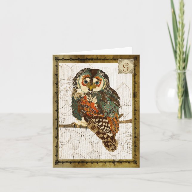 Aquamarine Eulen-Vintages Monogramm Notecard (Vorderseite)
