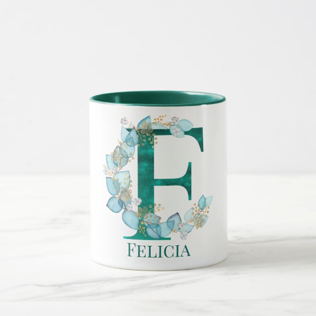 Aquamarine Farbe und Goldmonogramm Buchstaben F Tasse (Zentrum)