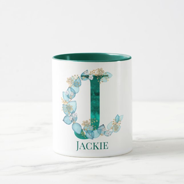 Aquamarine Farbe und Goldmonogramm Buchstaben J Tasse (Zentrum)