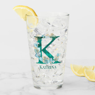 Aquamarine Farbe und Goldmonogramm-Buchstaben K Glas
