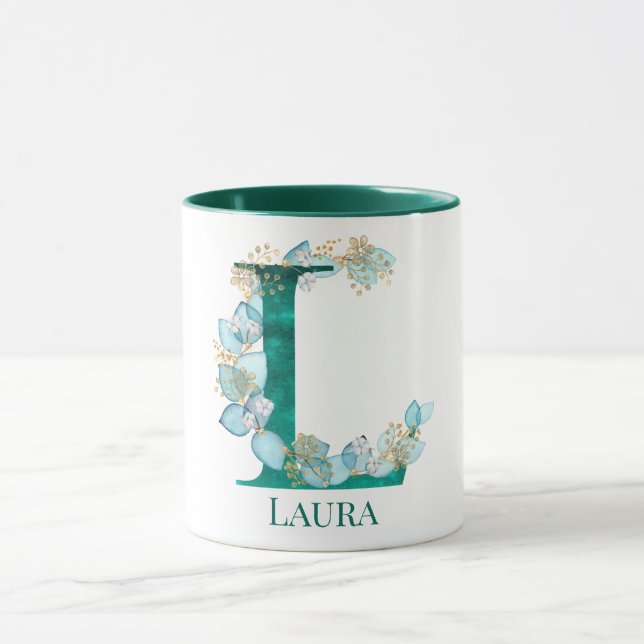 Aquamarine Farbe und Goldmonogramm-Buchstaben L Tasse (Zentrum)