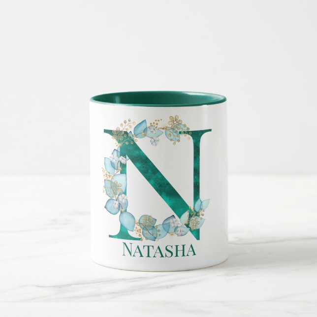 Aquamarine Farbe und Goldmonogramm Buchstaben N Tasse (Zentrum)