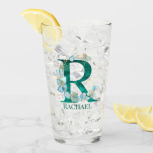 Aquamarine Farbe und Goldmonogramm-Buchstaben R Glas