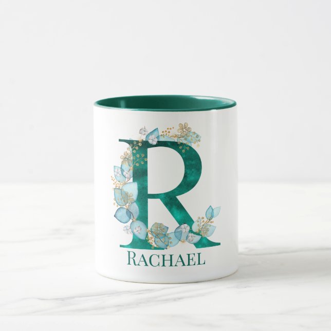 Aquamarine Farbe und Goldmonogramm-Buchstaben R Tasse (Zentrum)