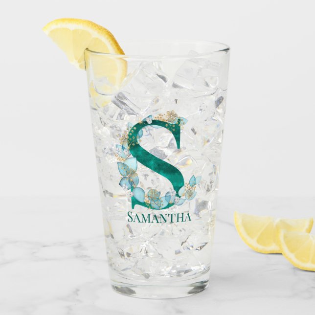 Aquamarine Farbe und Goldmonogramm-Buchstaben S Glas (Vorderseite Ice)