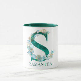 Aquamarine Farbe und Goldmonogramm-Buchstaben S Tasse