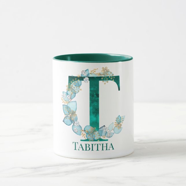 Aquamarine Farbe und Goldmonogramm-Buchstaben T Tasse (Zentrum)