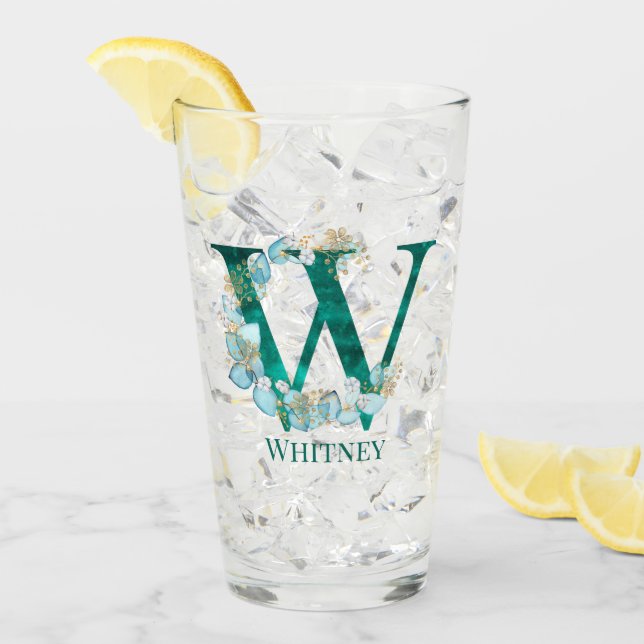 Aquamarine Farbe und Goldmonogramm-Buchstaben W Glas (Vorderseite Ice)