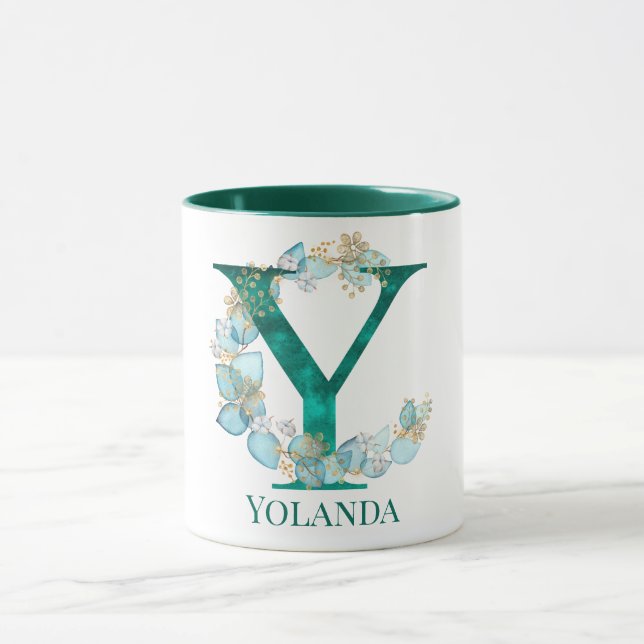 Aquamarine Farbe und Goldmonogramm Buchstaben Y Tasse (Zentrum)