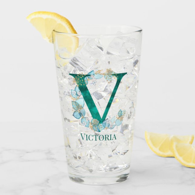 Aquamarine Farbe und Goldmonogramm Letter V Glas (Vorderseite Ice)