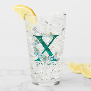 Aquamarine Farbe und Goldmonogramm-Letter X Glas