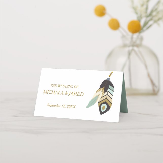 Aquamarine Feather Arrow-Hochzeit Platzkarte (Rückseite)
