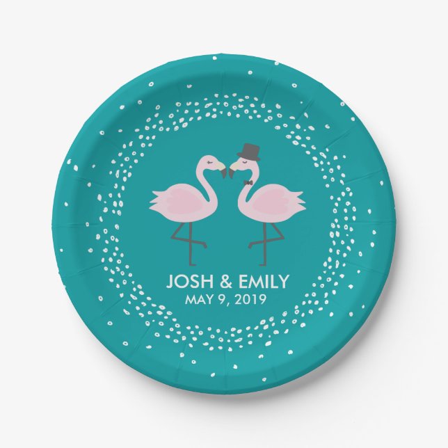Aquamarine Flamingo Wedding Bride & Groom Pair Pappteller (Vorderseite)