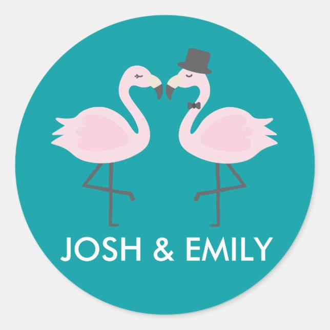 Aquamarine Flamingo Wedding Bride & Groom Pair Runder Aufkleber (Vorderseite)
