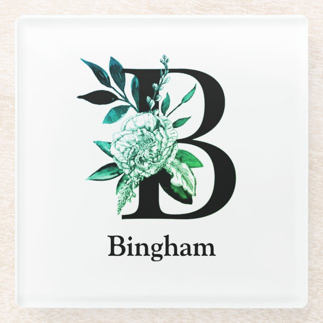 Aquamarine floral monogramm Letter B Glasuntersetzer (Vorderseite)