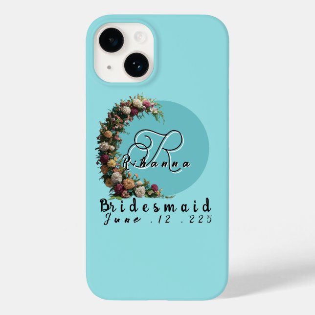 Aquamarine florale Monogramm Totbeutel | Brautpart Case-Mate iPhone 14 Hülle (Rückseite)