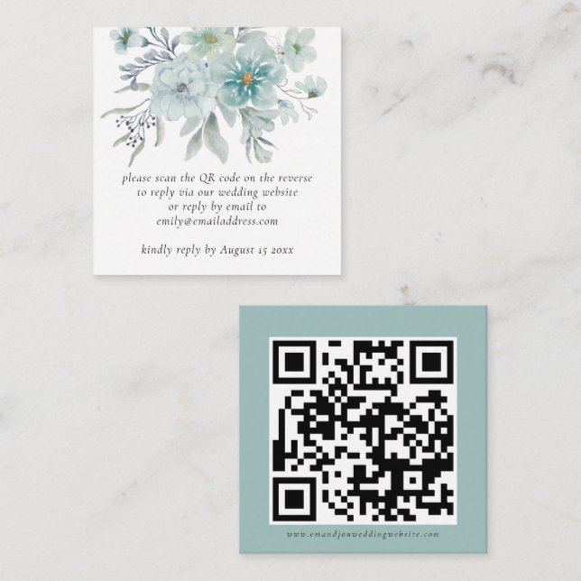 Aquamarine Florals QR Code Hochzeit RSVP Umschließ Mitteilungskarte (Vorne/Hinten)