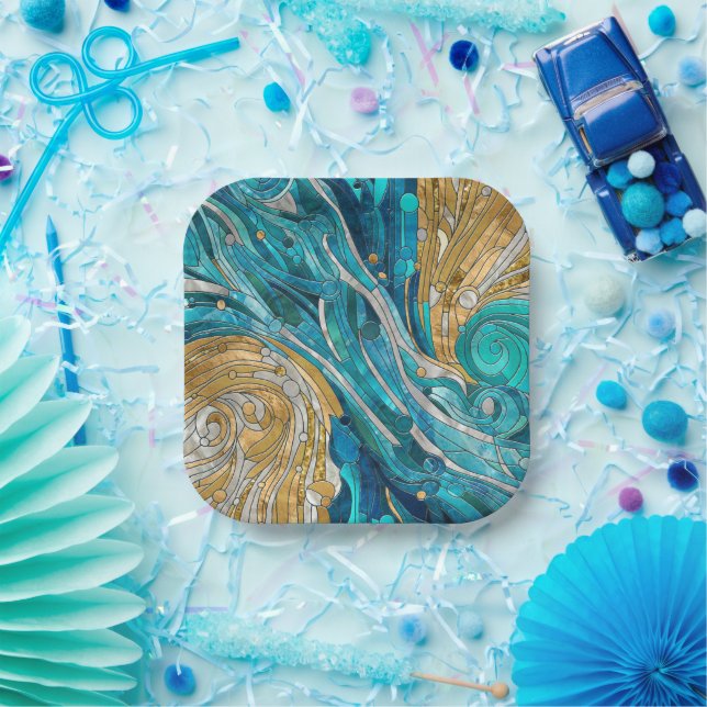Aquamarine Fluss Abstrakt Mosaik Kunst, Dichtung u Pappteller (Party)