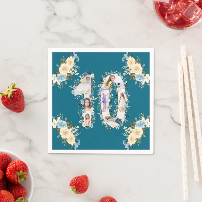 Aquamarine FotoCollage 10. Geburtstag Gelbe Blume Serviette (Beispiel)