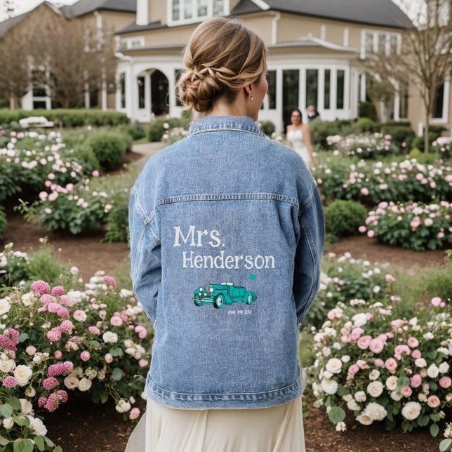 Aquamarine Frau Brides Nachname Classic Car Denim  Jeansjacke (Hochzeit Rückseite)