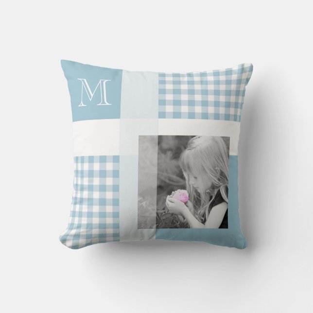 Aquamarine Fügen Sie Ihr Foto Gingham Moderne Mono Kissen (Vorderseite)