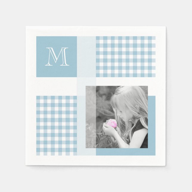 Aquamarine Fügen Sie Ihr Foto Gingham Moderne Mono Serviette (Vorderseite)