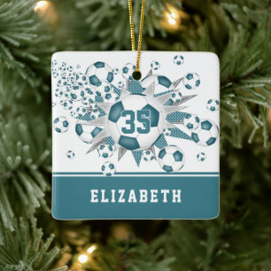 aquamarine Fußballbälle zeigen Mädchen personalisi Keramikornament