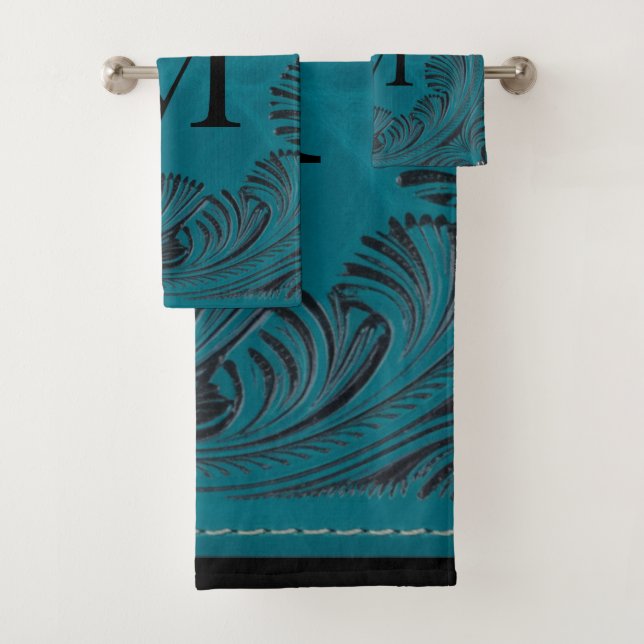 Aquamarine geschliffene Imitate Leder Western Blum Badhandtuch Set (Insitu)