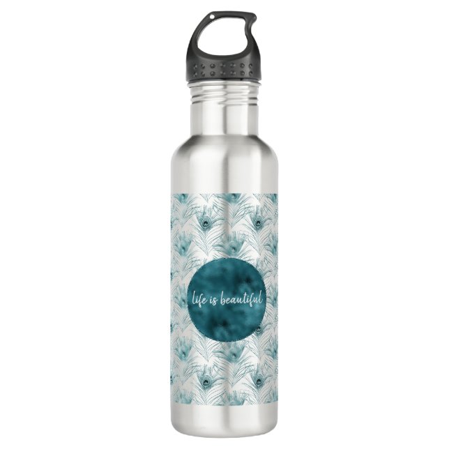Aquamarine Glitzy Glam Peacock Federn Edelstahlflasche (Vorderseite)