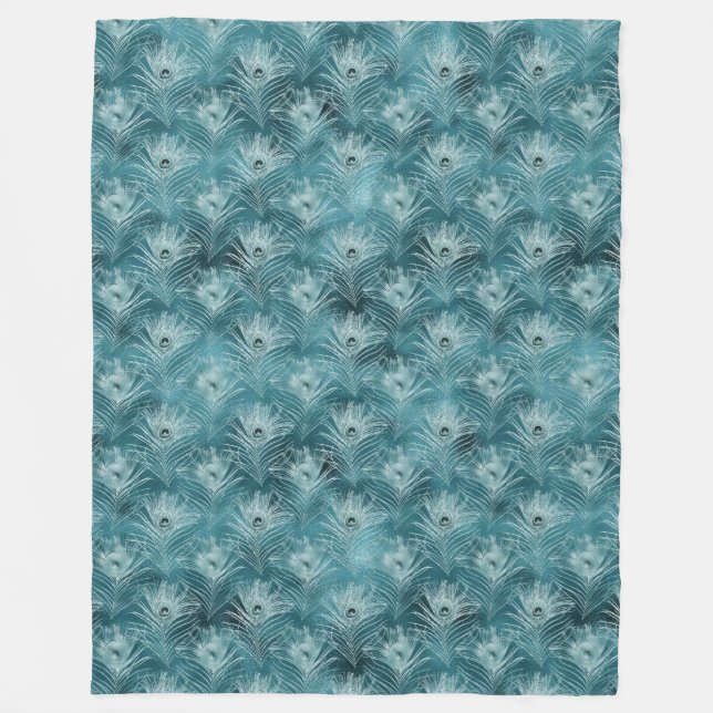 Aquamarine Glitzy Glam Peacock Federn Fleecedecke (Vorderseite)