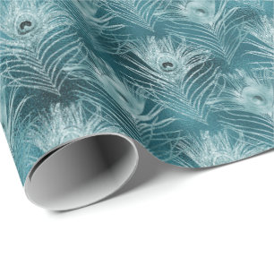 Aquamarine Glitzy-Pfauenfedern Geschenkpapier
