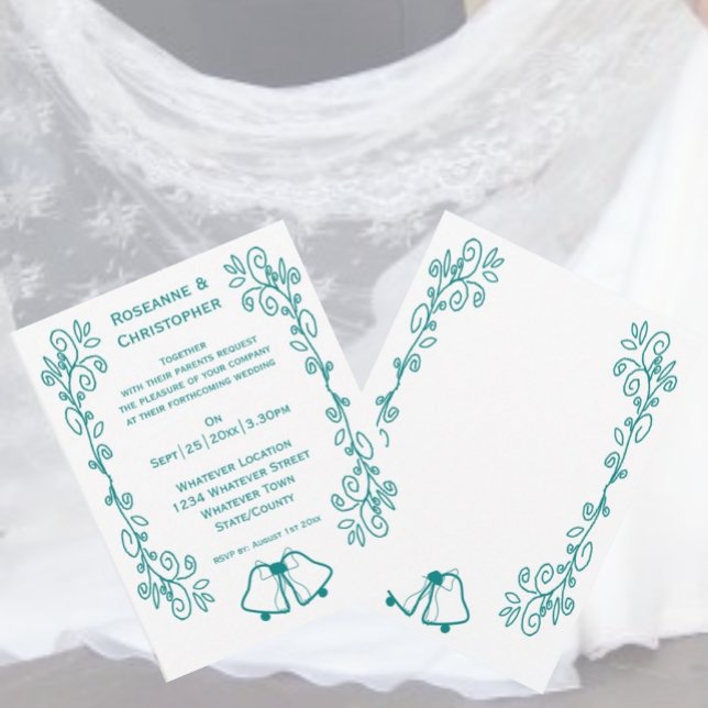 Aquamarine Glocken-Scrollwork-Hochzeit Einladung (Teal bells scrollwork wedding invite)
