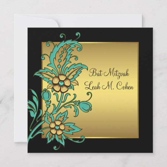 Aquamarine Gold Blume Black Gold Bat Mitzvah Einladung (Vorderseite)