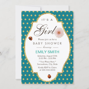 Aquamarine Gold Dots Daisy & Ladybug Girl Babydusc Einladung