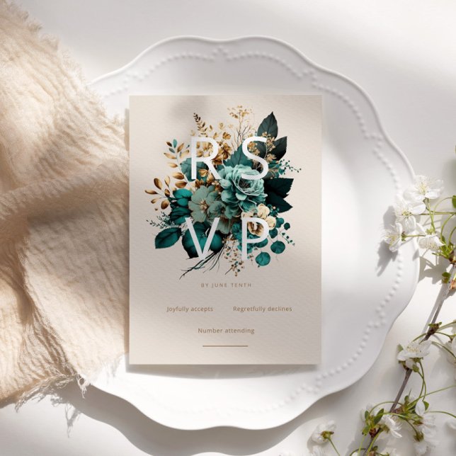 Aquamarine Gold Floral RSVP Card (Von Creator hochgeladen)