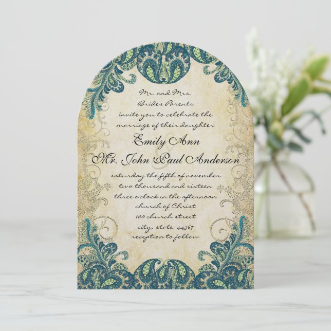 Aquamarine Gold Green Blue Peacock Hochzeitseinlad Einladung (Stehend Vorderseite)