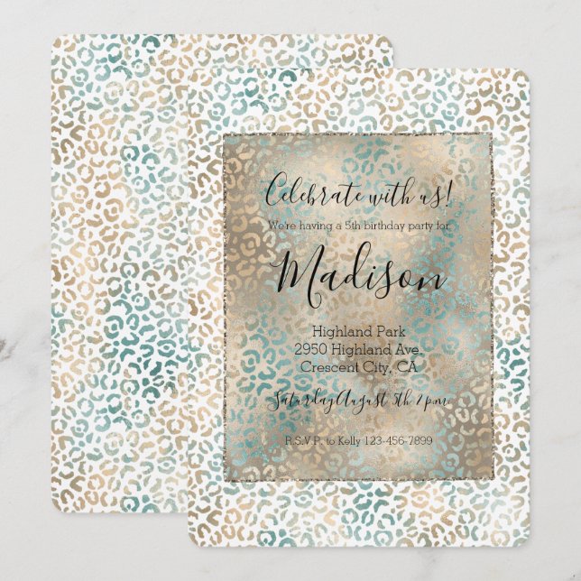 Aquamarine Gold Leopard Print Einladung (Vorne/Hinten)